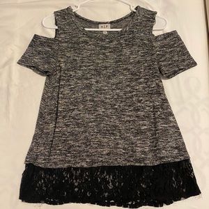 H.I.P Gray Cold Shoulder Top w/ Black Lace Hem XS